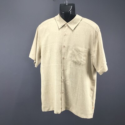 Quicksilver Hawaiian Shirt Men L Tan Rayon Blend Geometric Button Up Sht Sleeve