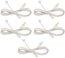White Lamp Cord, 8 Foot Long Replacement Repair Part, 18/2 SPT-1 Wire - 5 Pack