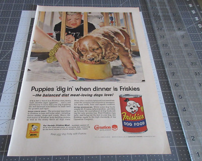 1957 Puppies ''Dig In'' When Dinner is Friskies Dog Food Vintage Print Ad