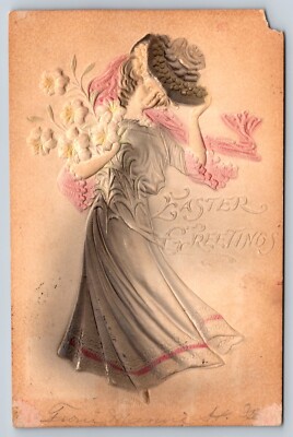 Easter Greetings Postcard 1907 Embossed Woman Bonnet Lilies Airbrushed