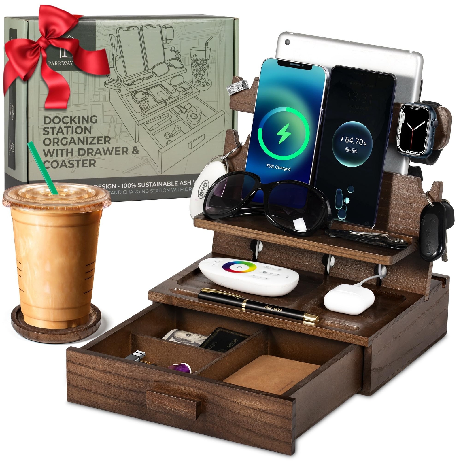 Wood Phone Docking Station for up to 3 Phones - Nightstand Organizer with Dra...