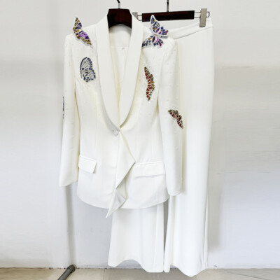 New Style Fashion Women Butterfly Studded Slim Suit Pants Set Party Perform 2pcs