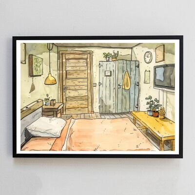 Schlafzimmer Zuhause Interieur Aquarell Gemälde Illustration 7x5 Wanddeko Kunstdruck