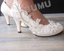 New Women Lace Gems Wedding Bridal Bridemaid Pump High Low Heels flat shoes