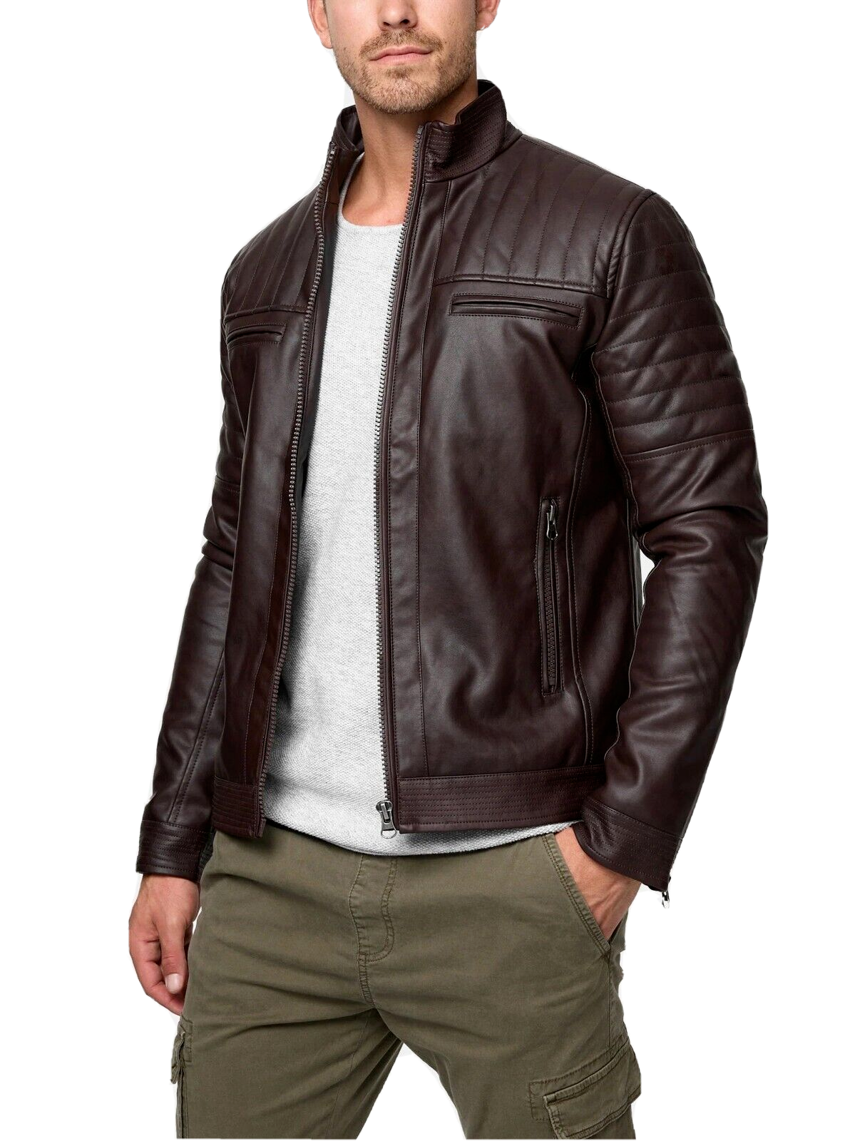 Jacket Leather Biker Motorcycle Mens Coat Vintage Bomber Lambskin Slim Brown 152-image