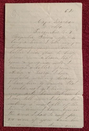 1862 32nd Iowa Infantry Civil War Letter Ezra Little Cape Girardeau Mo.