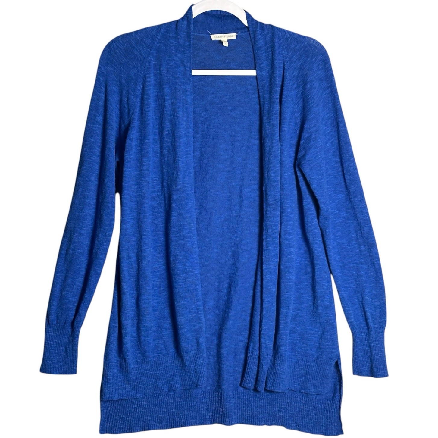 Eileen Fisher Sz M Blue Slub Knit Open Front Long Cardigan Linen