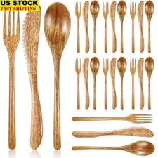 Wooden Cutlery Set 8 Spoons Forks Knives Eco-Friendly Travel Tableware New