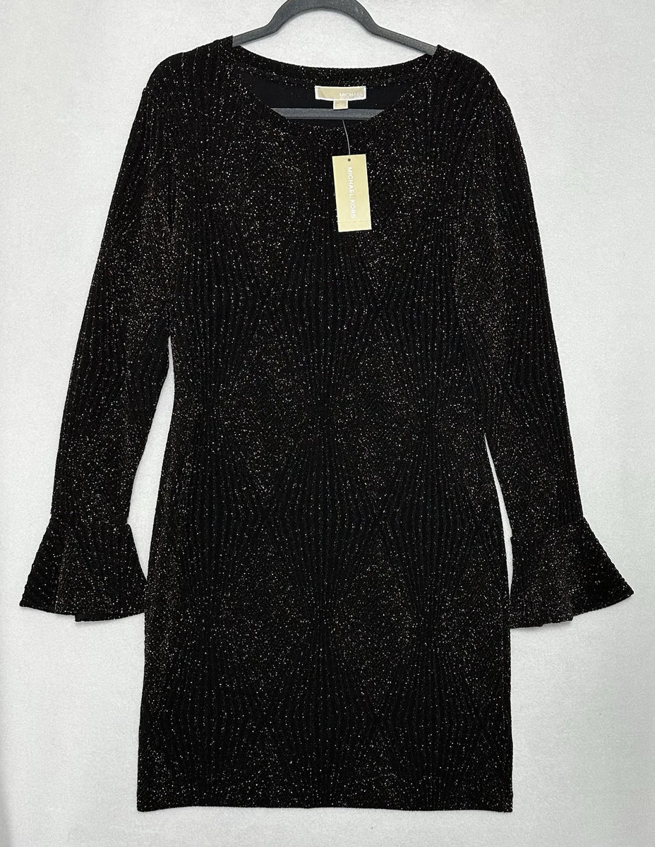 gold long sleeve short dress Michael Kors Black Gold Tweed Dress
