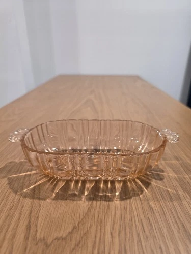 Pink Depression Glass - Oval Relish Dish, Ribbed, Art Deco, 2 Handles