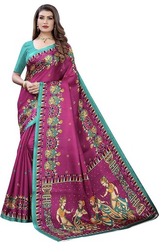 Madhubani Kalamkari figure NWT purple teal Pallu ART silk Sari W/ BLOUSE fabric - Picture 4 of 14