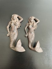 Pair Of Rustic Cast Iron Mermaid Wall Hooks, Brown Finish