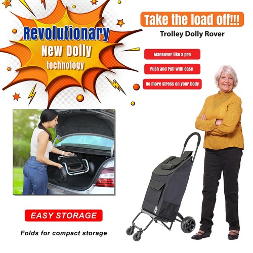 Trolley Dolly Rover with Bag, 4 Wheeled Grocery Shopping Cart Push Folding Ut... - Picture 2 of 6