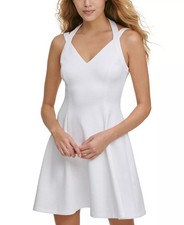 GUESS Women's Sleeveless Embossed Scuba Fit & Flare Dress White Size 4