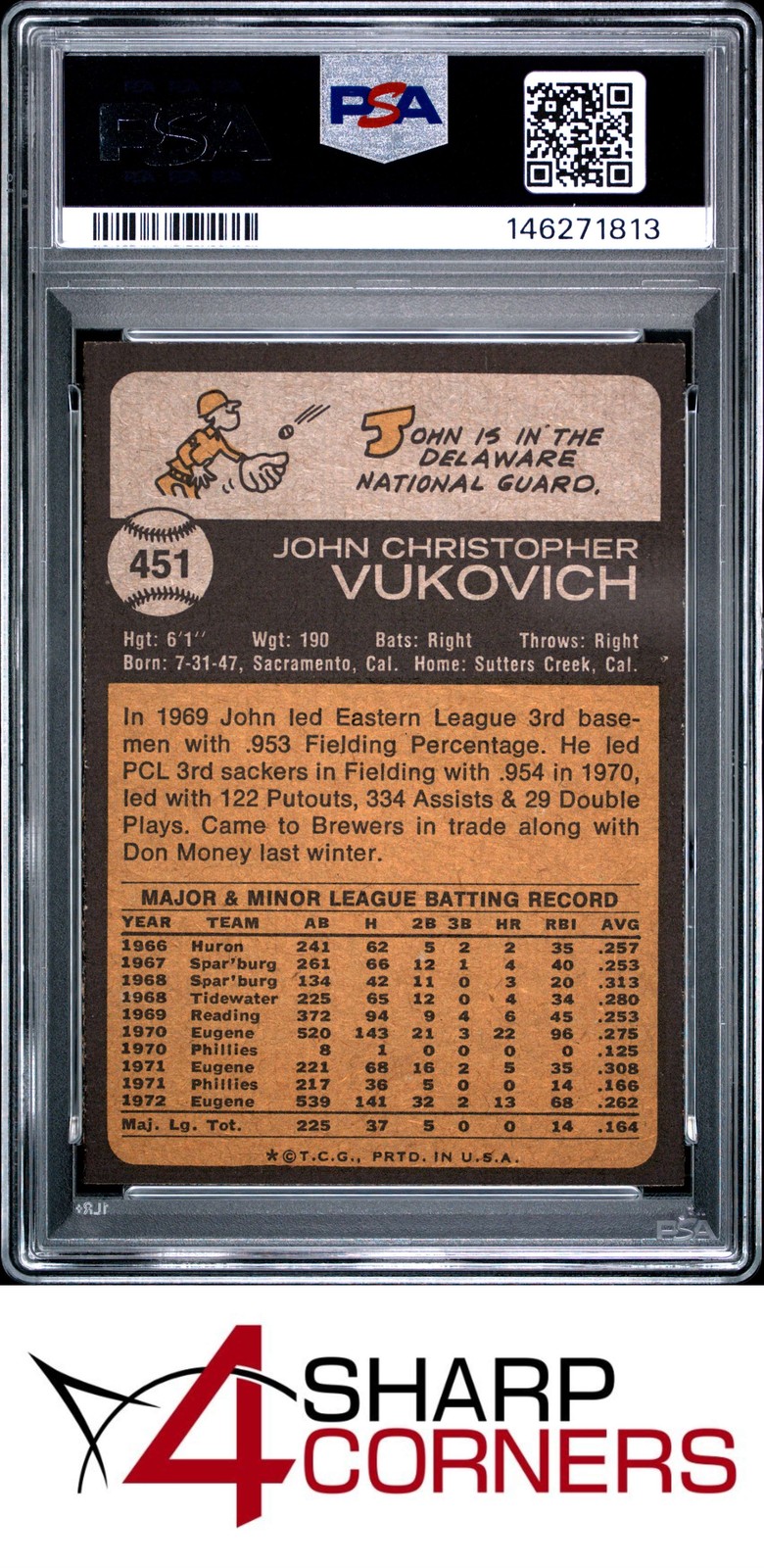 1973 TOPPS #451 JOHN VUKOVICH RC POP 4 PSA 10 view 2