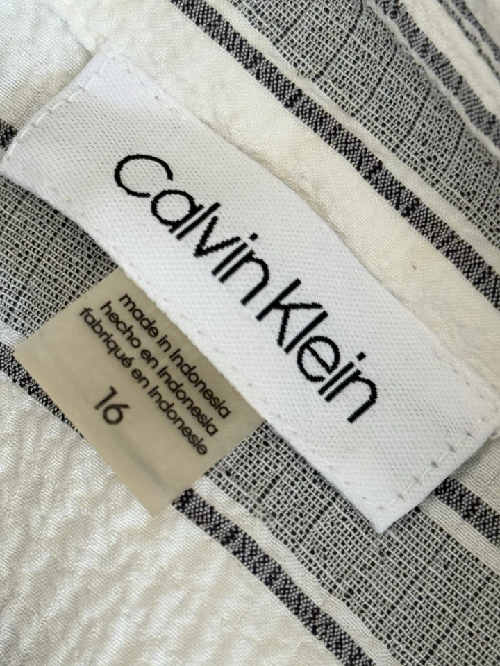 Maxi Vestido Camisa Calvin Klein XL 16 Cintura Rayas Crepé Texturizado Manga Corta Foto 2 de 4