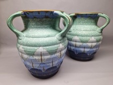 deco 30s crown ducal pair of cold painted 3 handle vases pastel green