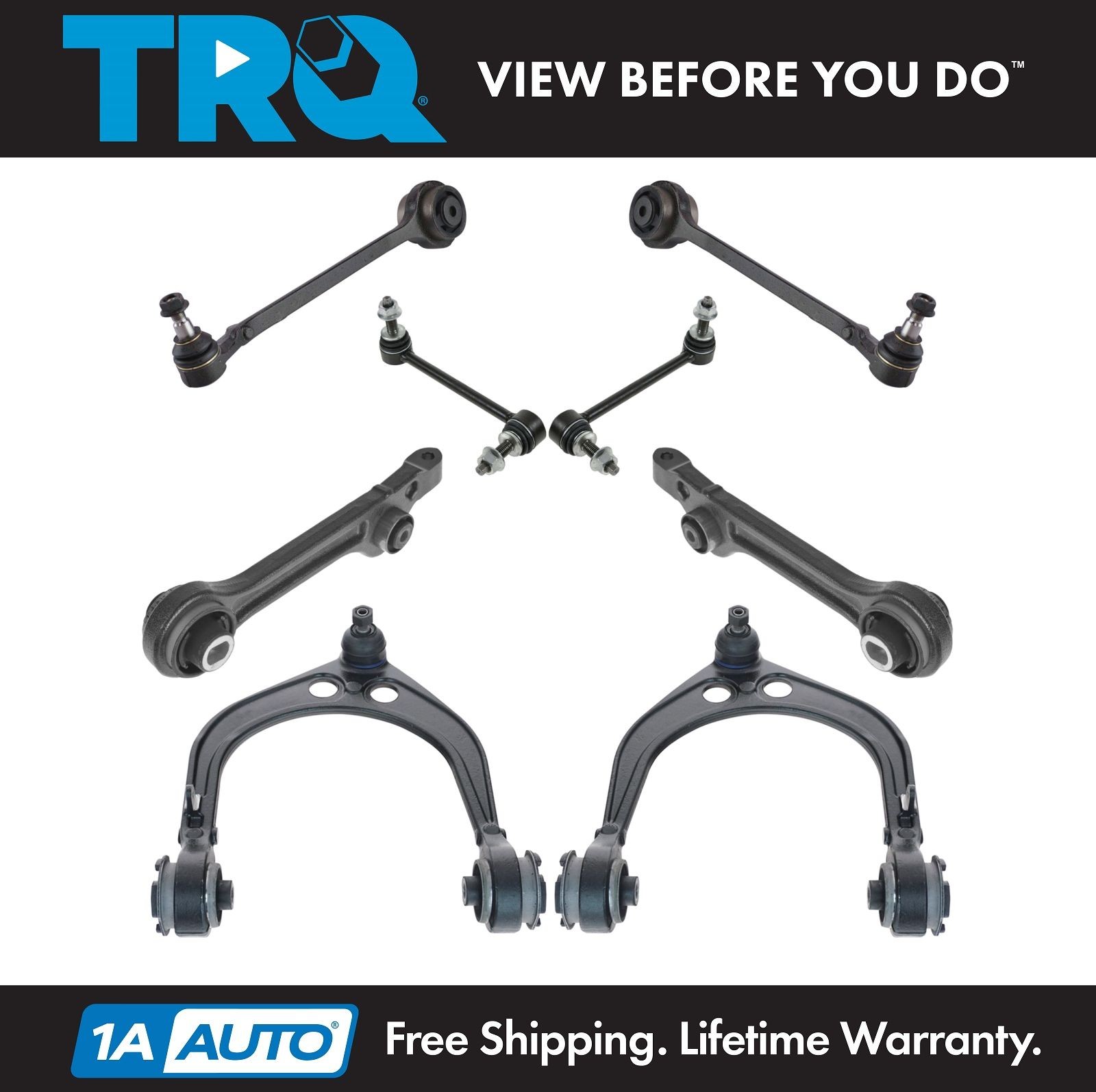 TRQ 8 pc Suspension Kit Upper & Lower Control Arm Assemblies w/ Sway Bar Links