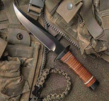 CUSTOM HAND MADE CARBON STEEL HUNTING BOWIE KNIFE WITH STACKED LEATHER HANDLE
