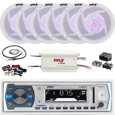 Pyle Single DIN Marine MP3 Receiver, 6x 5.25'' Speaker, Amp W/Kit, Quick Connect