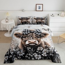 Highland Cow Bedding Set Twin Size Bow Floral Animal Cattle Comforter Set for...