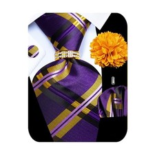 5PCS Mens Silk Designer Tie, Pocket Square, Gold Purple Plaid Tie Set -372 7