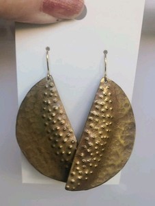 Artisan Hammered Brass Statement Drop Pierced Earrings