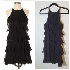 BCBGMAXAZRIA Layered Black Silk Dress XXS ~ Retro Party Little Black Dress