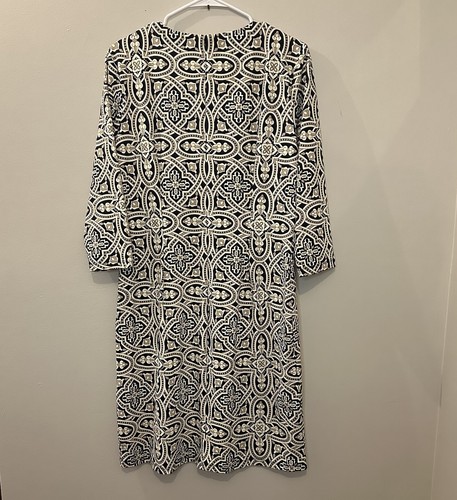 Vestido elástico J McLaughlin bronceado negro medallón L tela Catalina manga 3/4 - Imagen 1 de 6