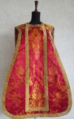 Antiker französischer Seidenbrokat Silber Metallrand Kirchenpriester Messgewand 