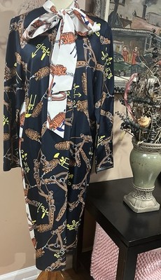 TIBI Renzo Geo Paneled Print 100% Silk Bow Tie Long Sleeve Midi Dress Size M $1K