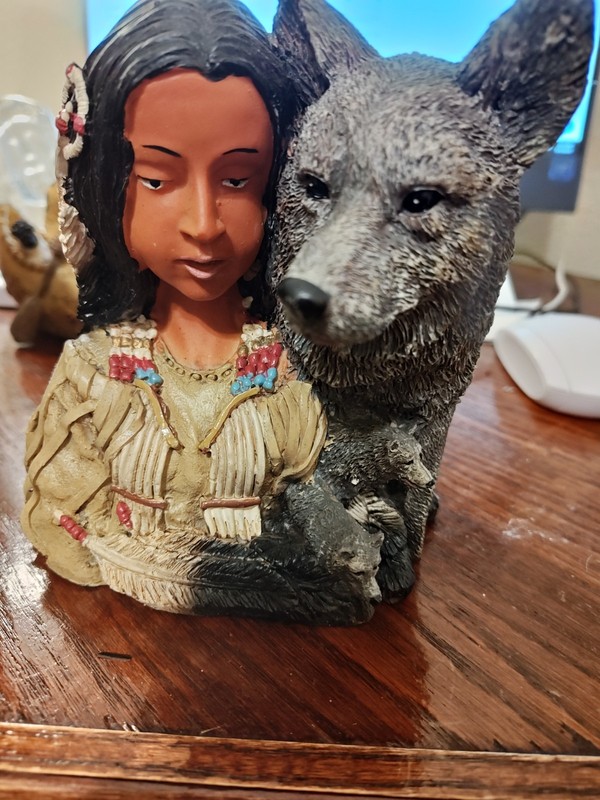 Vintage Native American Woman with Wolves Figurine 6" Tall