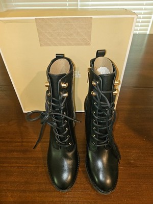 NEW MICHAEL KORS BLACK PORTER LEATHER LACE UP ZIP GOLD HEEL BOOTS SZ 8.5