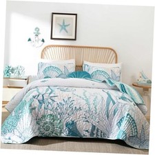 Coastal Quilts Bedding Set Size,3 Piece Summer Green Fish King Aqua Green Ocean