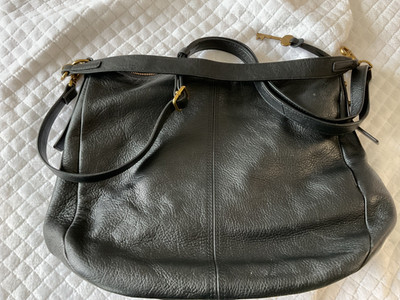 Black Authentic Fossil Cowhide LEATHER  SHOULDER PURSE Goldtone Loops/Key used