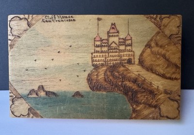 c1900 Pyrography Box Cliff House San Francisco CA Antique Wooden Folk Art