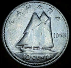 1945 Canada 80% Silver 10 Cents Circulated Dime Circulated King George VI