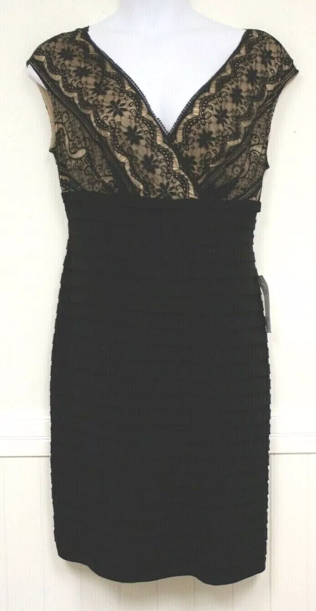 Adrianna Papell Lord Taylor dress 20 black tan tiered folds neckline Lace  Banded