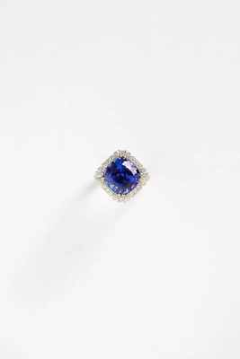 Features One Cushion Cut 9.CT Deep Violet Tanzanite & Lab-Created Diamonds Ring