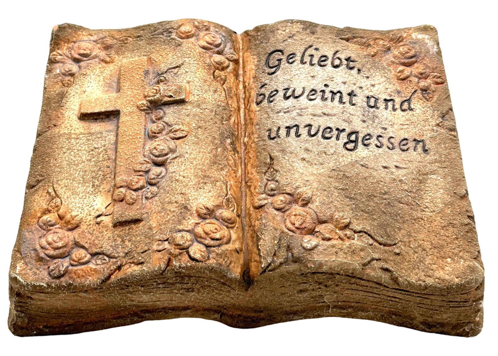 Grabschmuck Deko Trauer Kreuz Buch Geliebt Beweint Unvergessen Ton 20 x 15 x 4