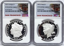 2 coin set 2023 s proof morgan and peace silver dollars ngc pf70 uc trolley