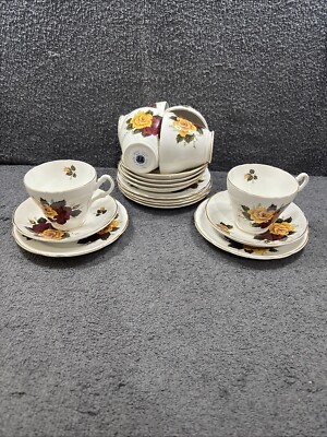6 x Royal Ascot Bone China Trios - Teetasse, Untertasse und Teller rote & gelbe Rosen