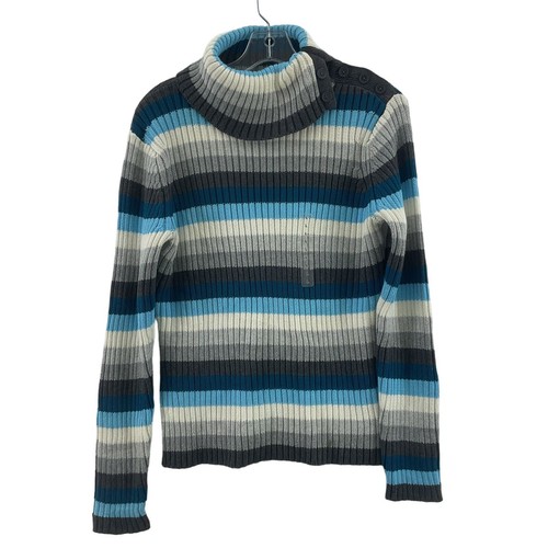 St. John's Bay Blue Gray Black Turtleneck Striped Cotton Sweater L - NWT