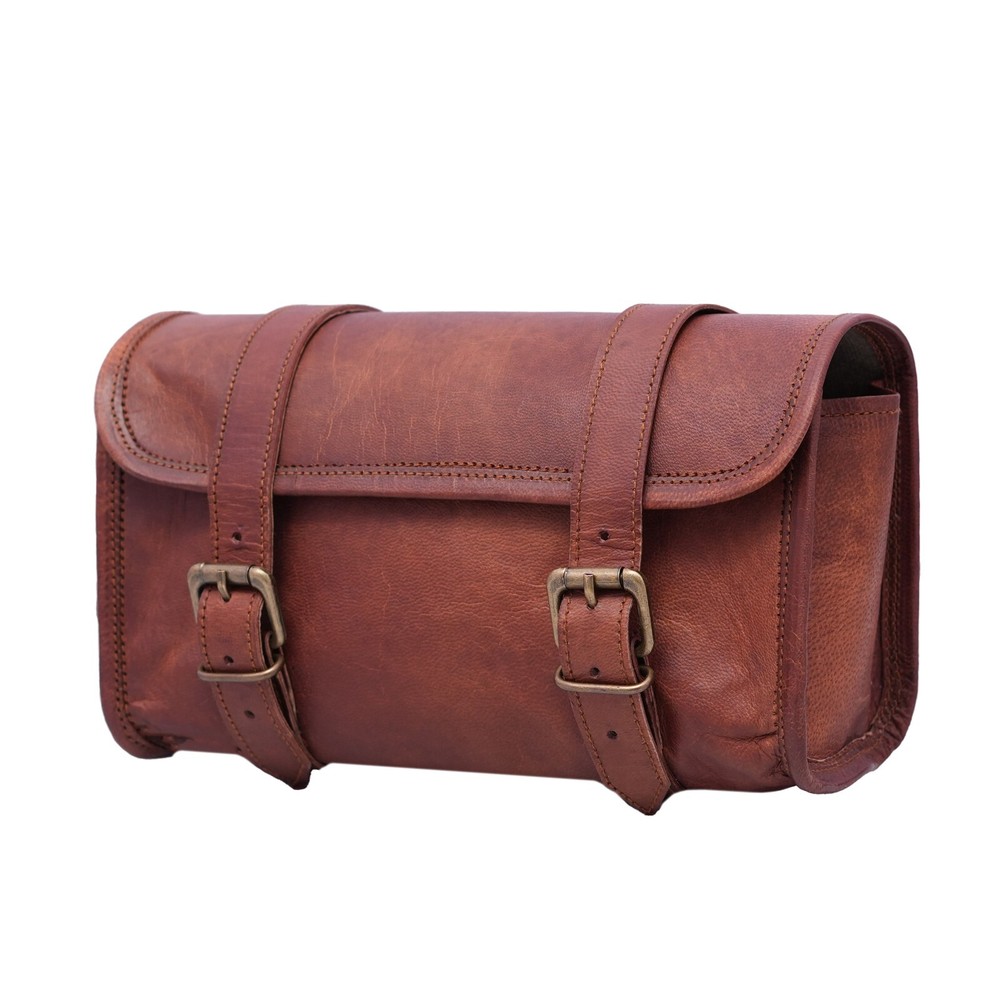 Handmade Brown Genuine Leather Motorcycle Tool Bags with 2 Strap Buckle Closure