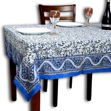 Botanical Serenity Block Print Cotton Floral Square Tablecloth White