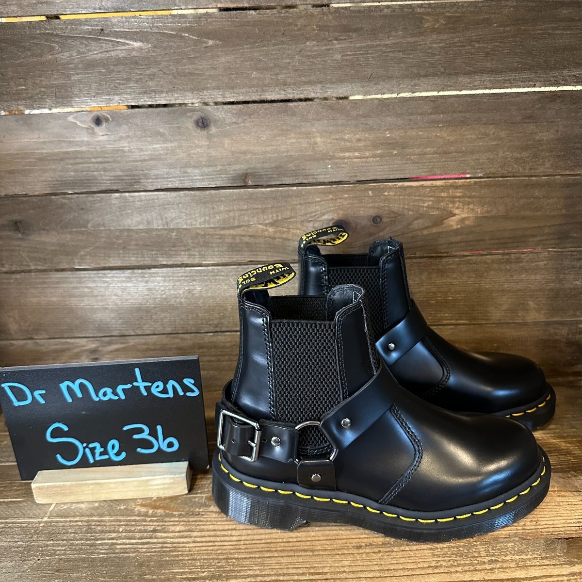 New Womens Dr Martens Wincox Black Leather Harness Chelsea Ankle