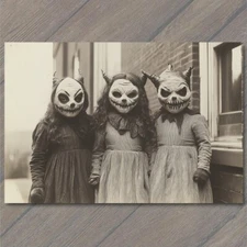 Art Print Children in Eerie Creature Masks Strange Old-Fashioned Halloween Kids