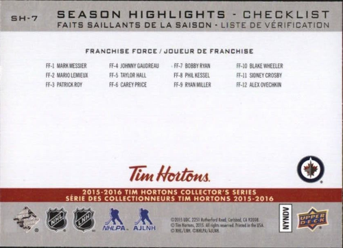2015-16 Upper Deck Tim Hortons Season Highlights Ondrej Pavelec Card # SH-7 MINT - Picture 2 of 2