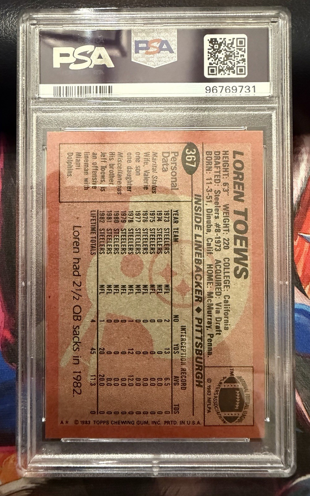 1983 Topps Loren Toews #367 PSA 8 NM-MT Pittsburgh Steelers Vintage NFL Card view 3