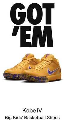 Kobe 4  DRAFT PACK  Big kids GS 7Y Laker Gold *CONFIRMED*